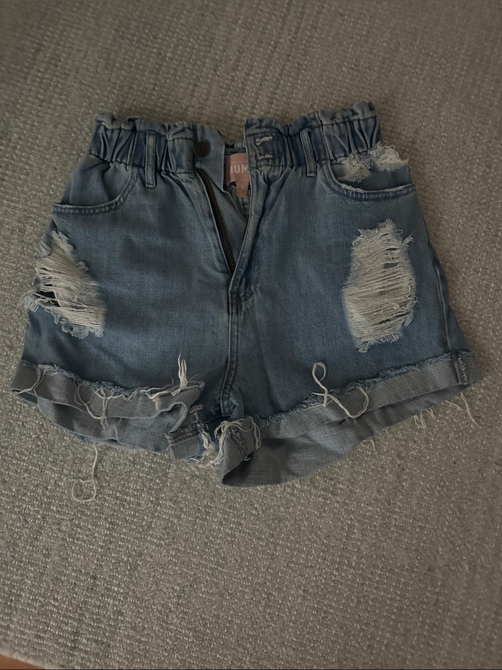 Distressed High-Waist Denim Shorts - Light Blue
